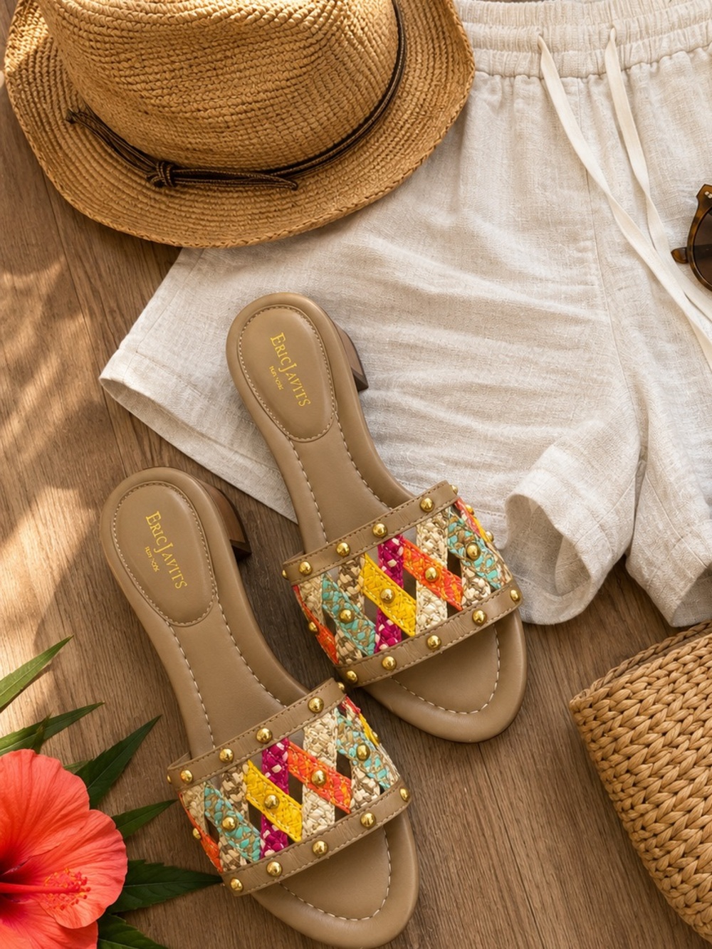 Eric Javits Multicolor Woven Raffia Leather Slide Sandals Boho Resort 9.5